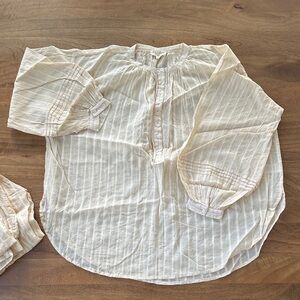 Faune Woman - Peachy Cream Gold Striped Button-Up Shirt and Pants loungewear Set